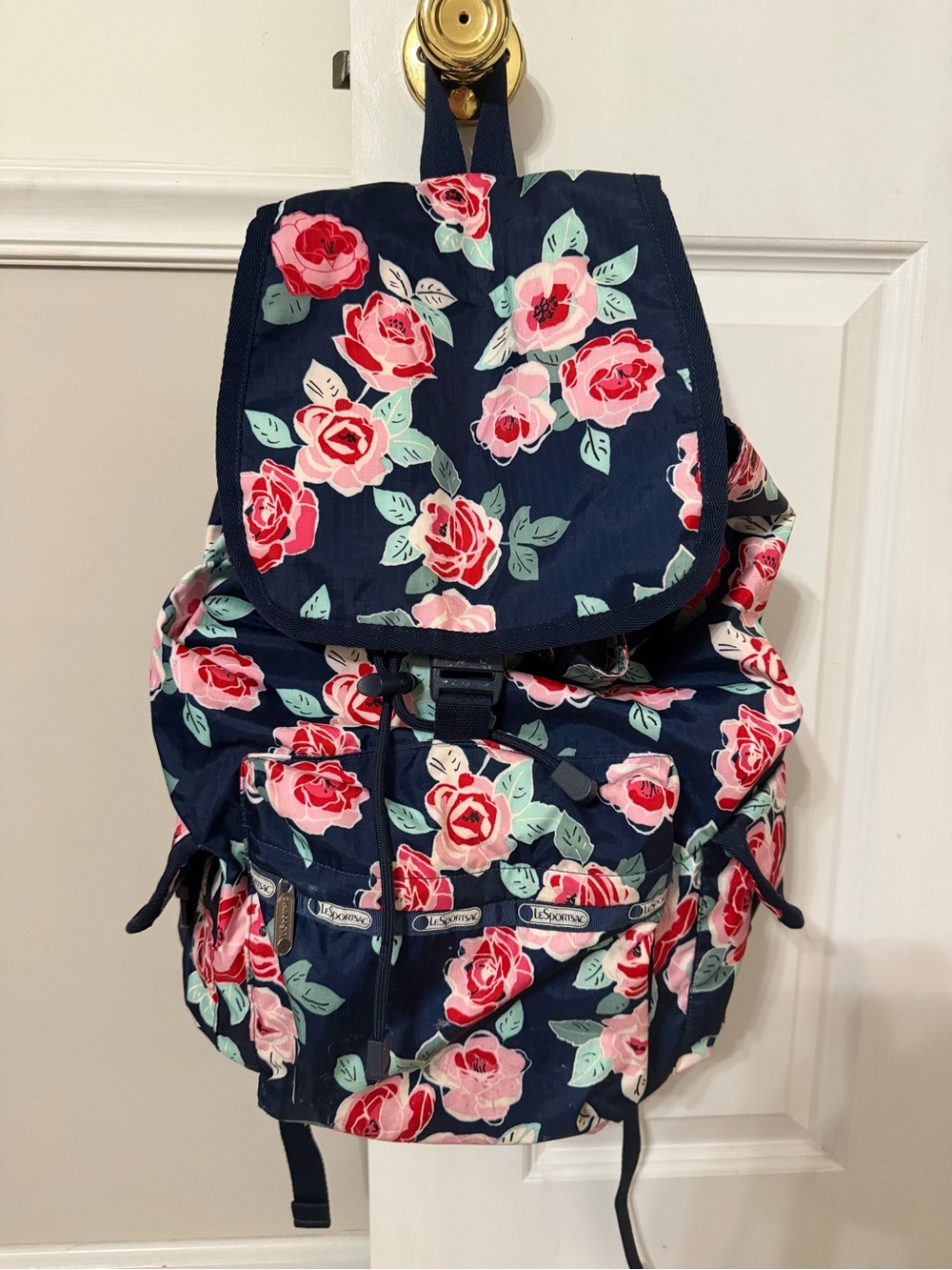 Lesportsac Navy Floral Drawstring Backpack with Pink Roses